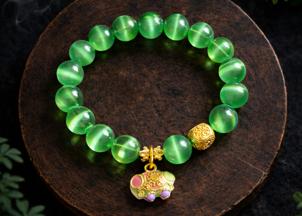 Verdant Guardian Elephant Cat’s Eye Bracelet