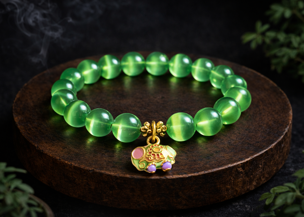 Verdant Guardian Elephant Cat’s Eye Bracelet