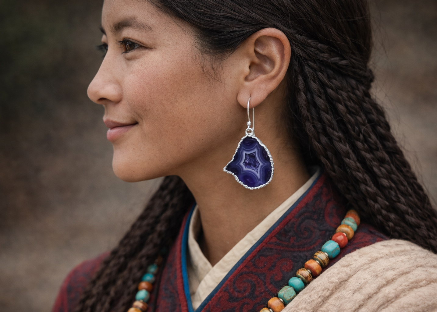 Quiet Power · Tibetan Blue Crystal Geode Silver Earrings