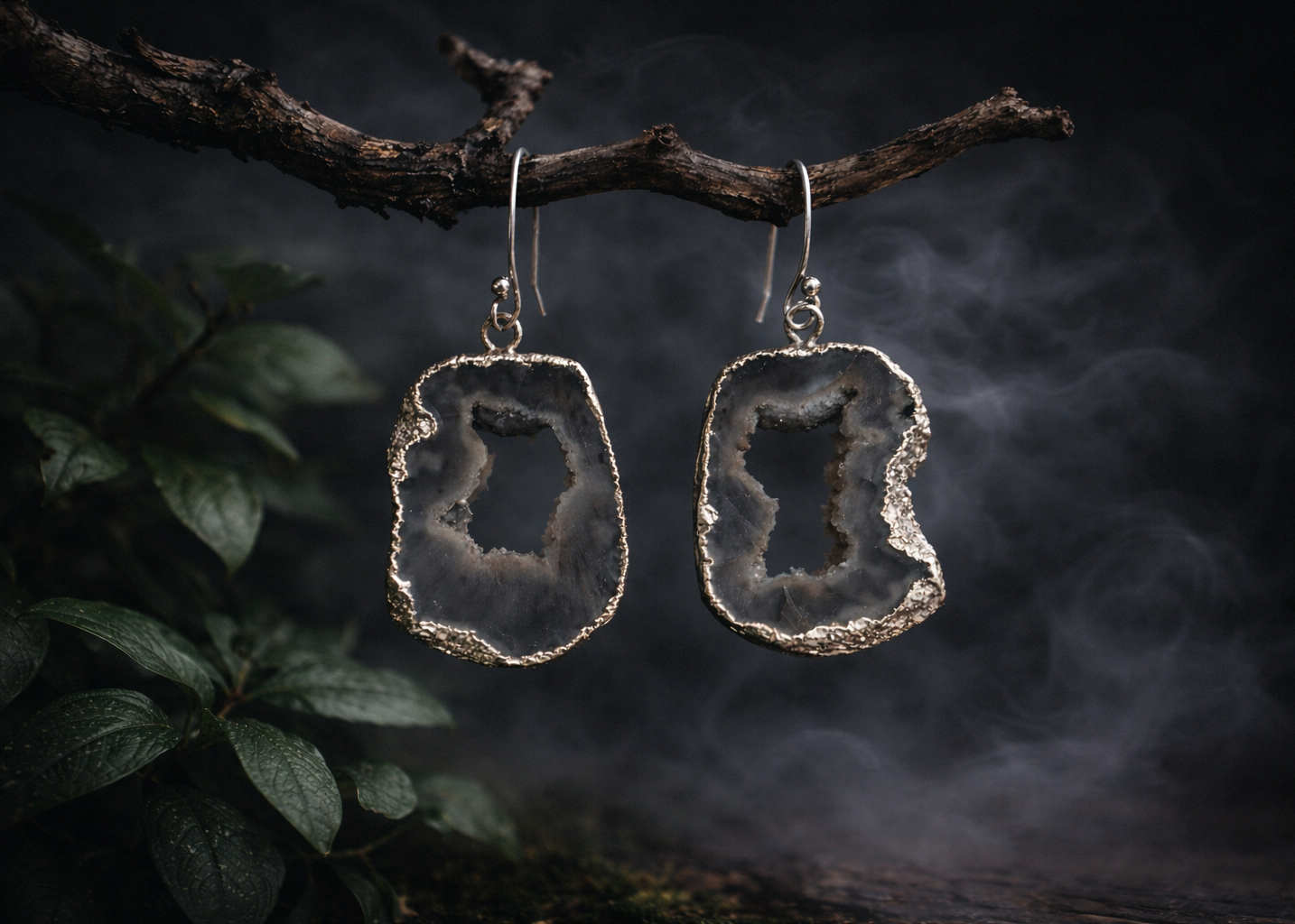 Powerful Core · Tibetan Black Crystal Geode Silver Earrings