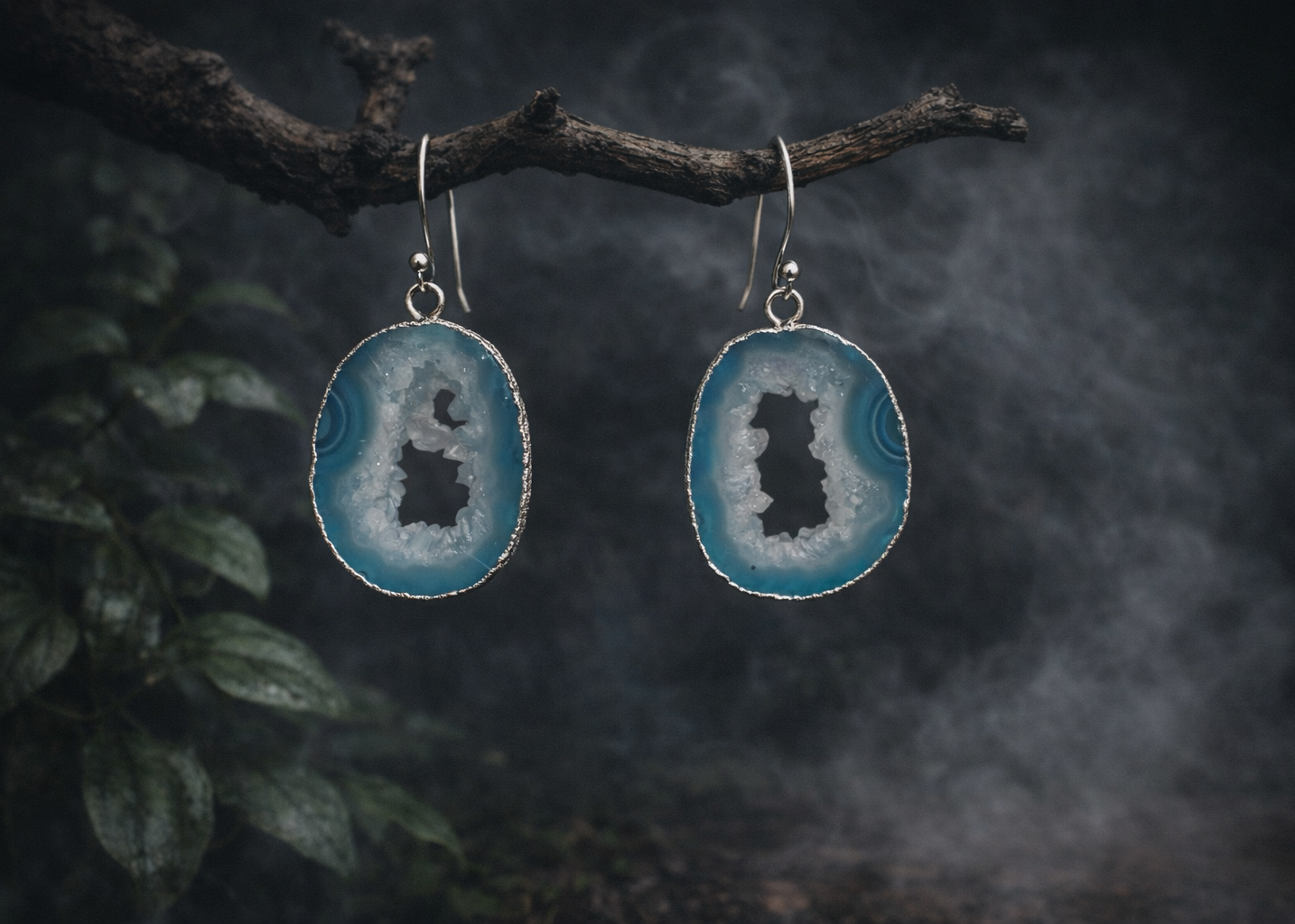 Held by Blue · Tibetan Blue Agate Geode Silver Earrings